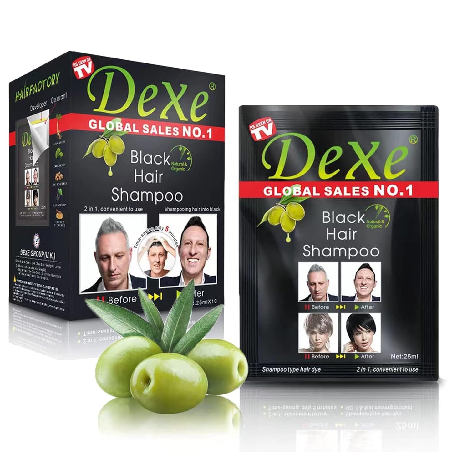 10 PCS Dexe Hair Shampoo Instant Hair Dye for Men & Women (250ml), Black Color - Simple to Use -  Last 30 days - Natural Ingredients for Woman&Man