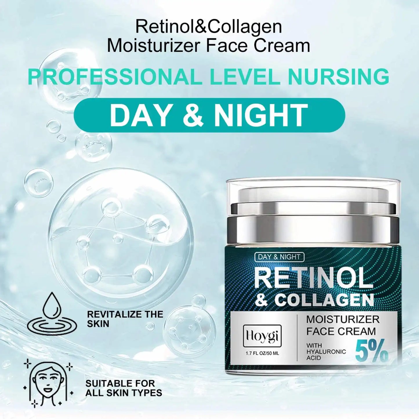 RETINOL & COLLAGEN Moisturizer Face Cream - Day & Night Anti-Aging Skin Care with Hyaluronic Acid 5% -50ml