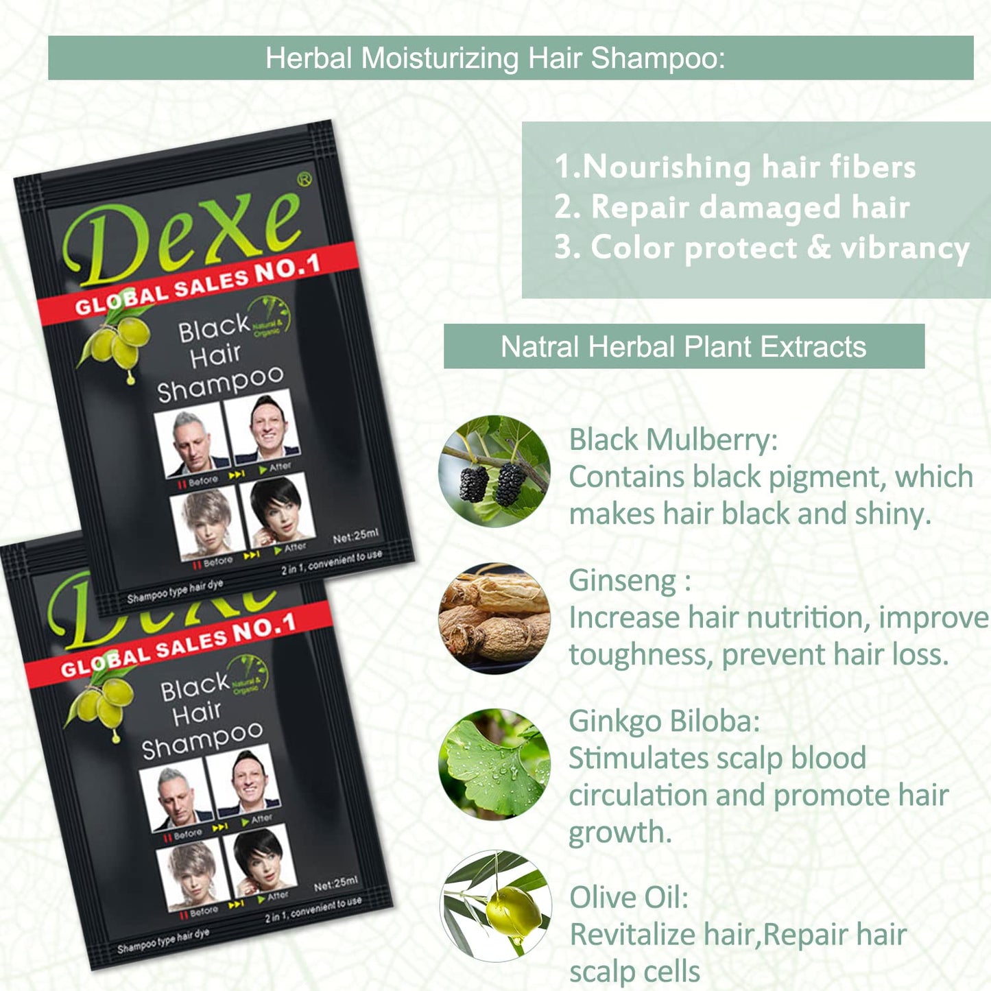 10 PCS Dexe Hair Shampoo Instant Hair Dye for Men & Women (250ml), Black Color - Simple to Use -  Last 30 days - Natural Ingredients for Woman&Man