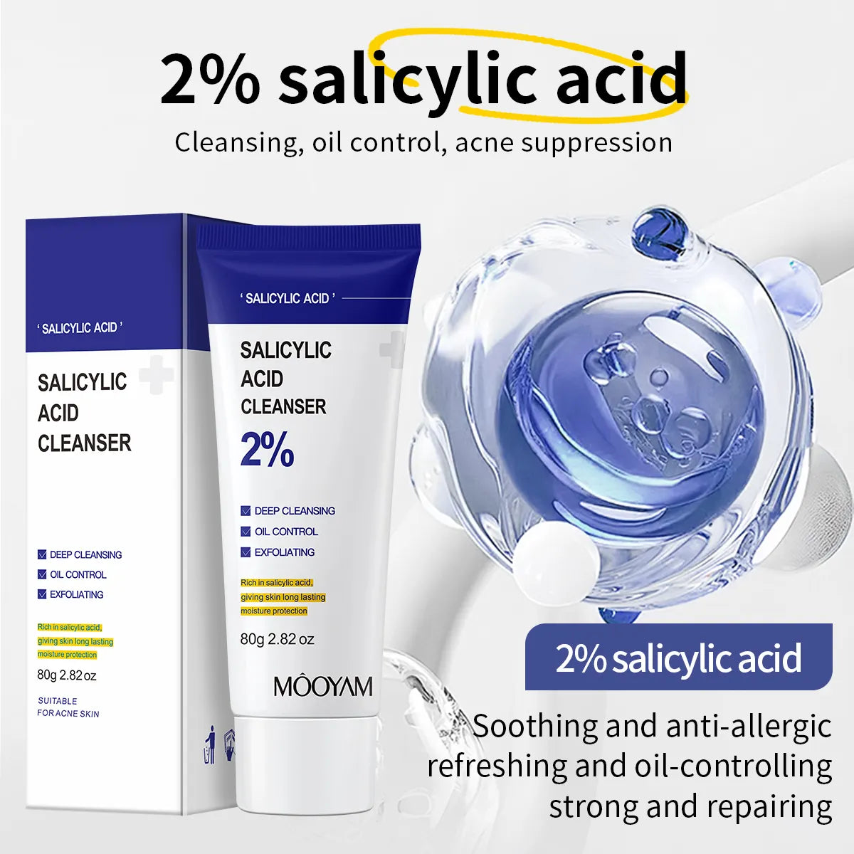 MOOYAM 2% Salicylic Acid Acne Removal Face Cleanser (80g) - Facial Exfoliant for Blackheads, Enlarged Pores, Wrinkles & Fine Lines