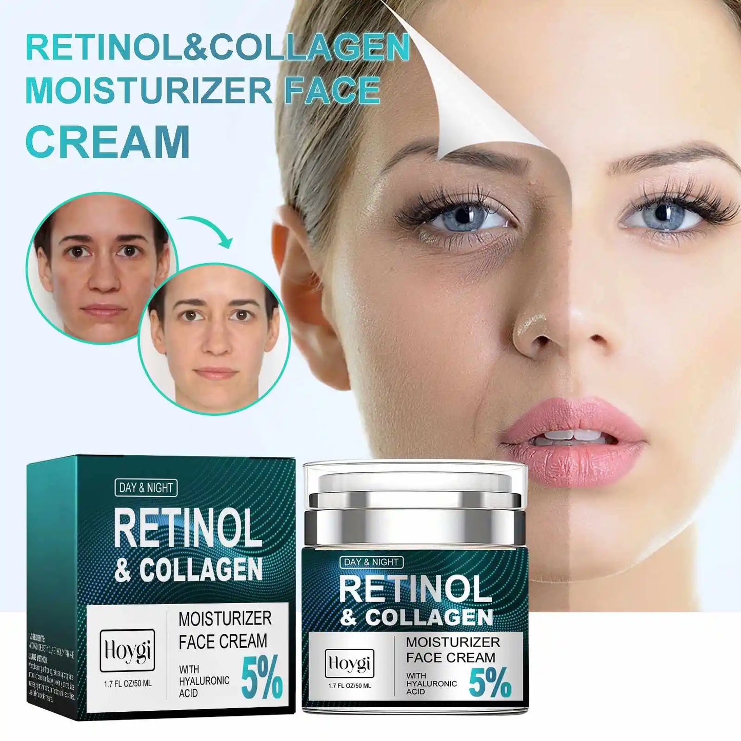 RETINOL & COLLAGEN Moisturizer Face Cream - Day & Night Anti-Aging Skin Care with Hyaluronic Acid 5% -50ml