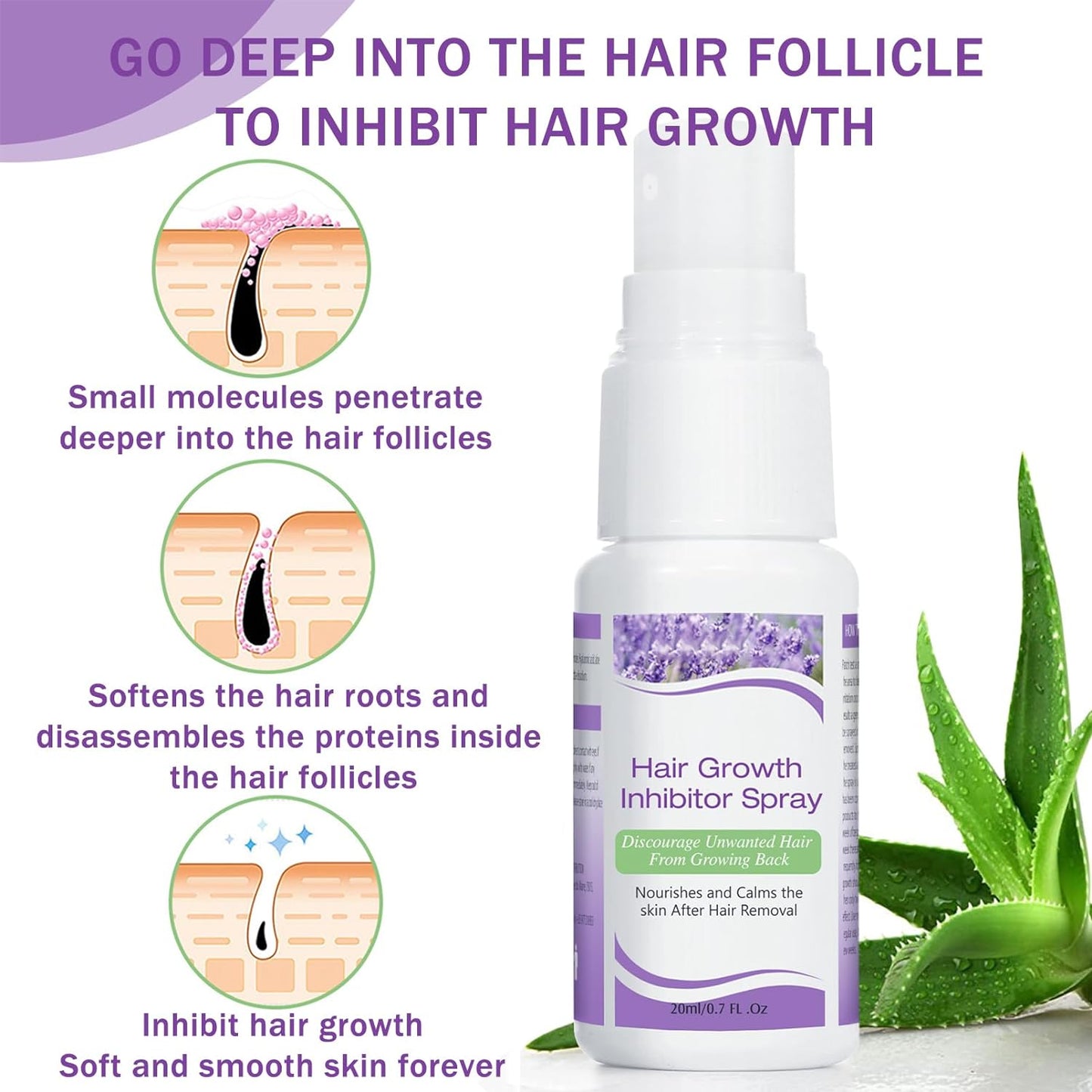 Hair Growth Inhibitor, Hair Stop Growth Spray, Non-Irritating Hair Inhibitor, Permanent Hair Removal Spray for Body, Face, Underarm, Arm, Leg, Private Areas, Painless Men and Women Effective ( A Pack of 2 Pieces; 20mls Each)