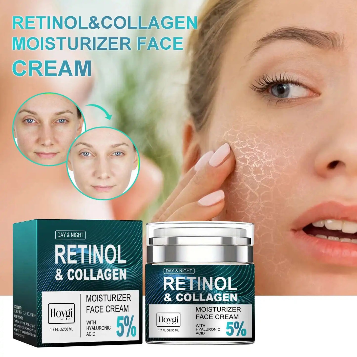 RETINOL & COLLAGEN Moisturizer Face Cream - Day & Night Anti-Aging Skin Care with Hyaluronic Acid 5% -50ml