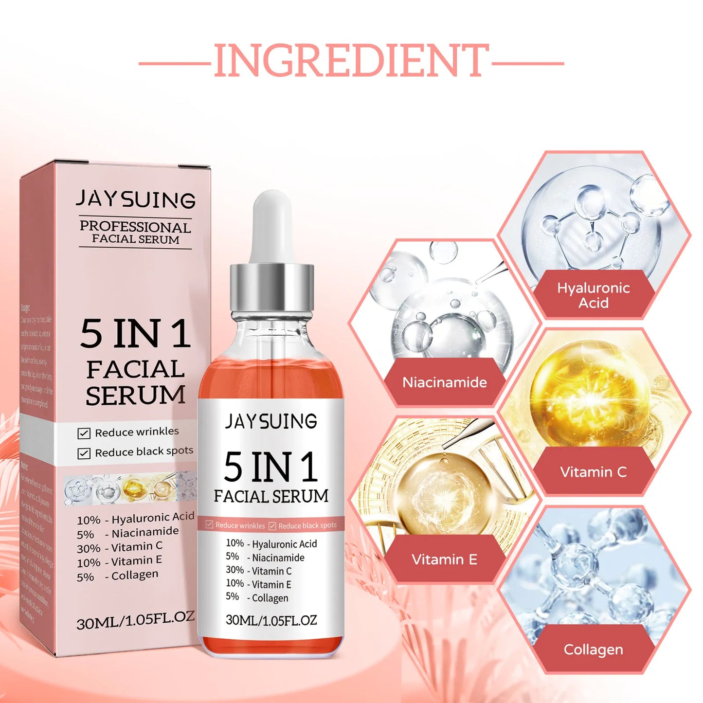 5 in 1 Anti Wrinkle Anti Aging Face Serum with 30% Vitamin C 5% Niacinamide 10% Hyaluronic Acid 10% Vit E 5% Collagen