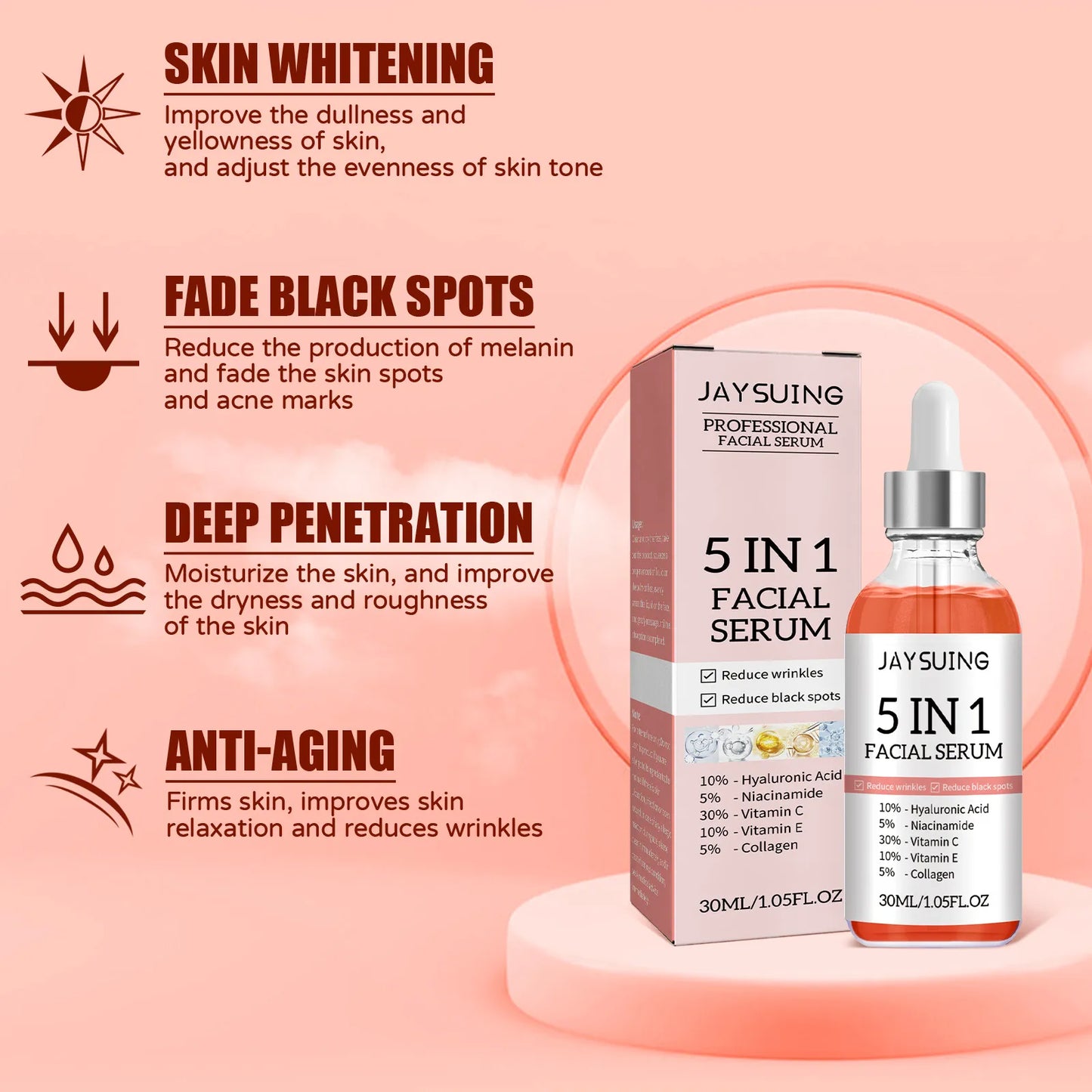 5 in 1 Anti Wrinkle Anti Aging Face Serum with 30% Vitamin C 5% Niacinamide 10% Hyaluronic Acid 10% Vit E 5% Collagen