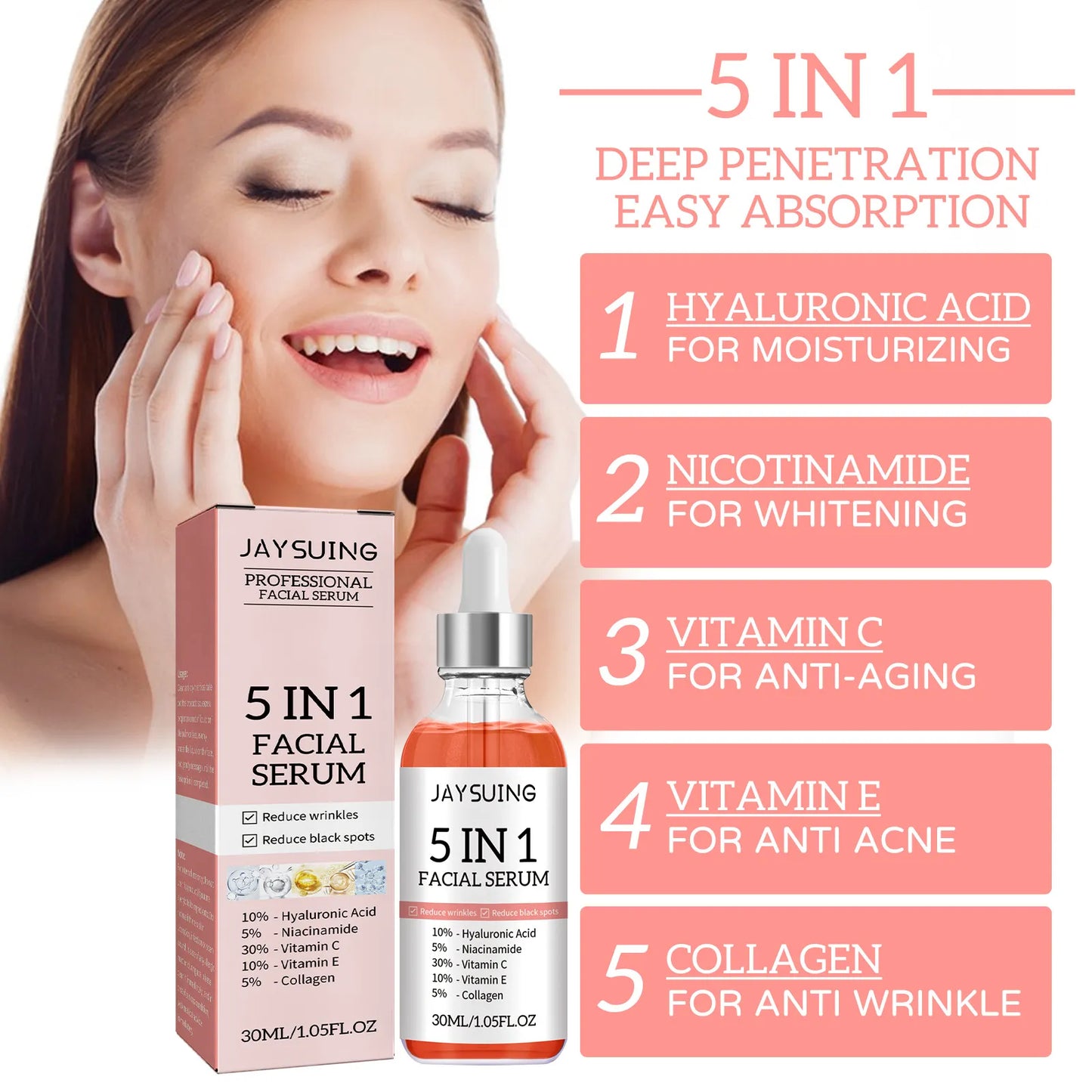 5 in 1 Anti Wrinkle Anti Aging Face Serum with 30% Vitamin C 5% Niacinamide 10% Hyaluronic Acid 10% Vit E 5% Collagen