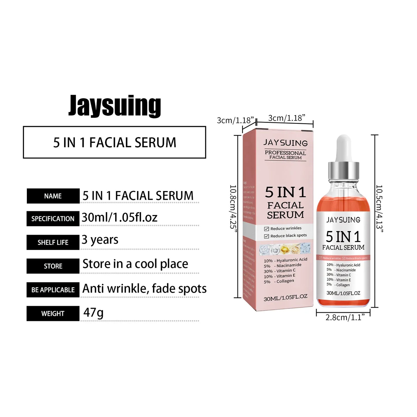 5 in 1 Anti Wrinkle Anti Aging Face Serum with 30% Vitamin C 5% Niacinamide 10% Hyaluronic Acid 10% Vit E 5% Collagen